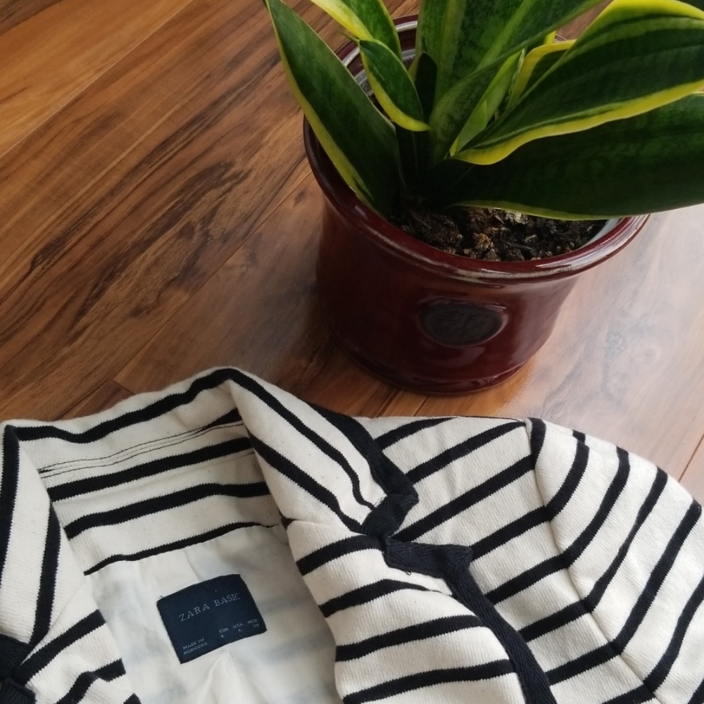 ZARA Basic Blazer Jacket Striped Sz L Black Cream - Picture 2 of 6